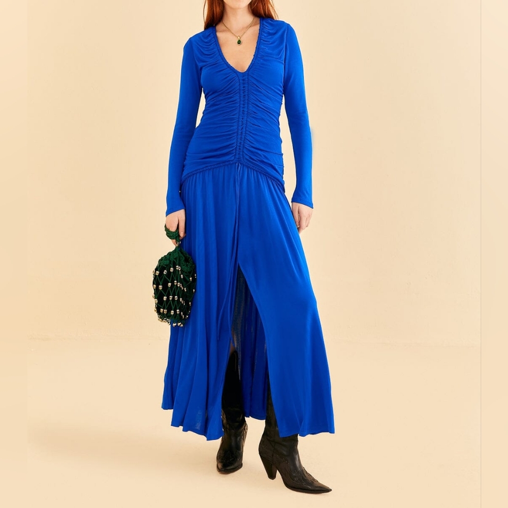 NWT Farm Rio Bright Cobalt Blue Long Sleeve Drop Waist Midi Dress S